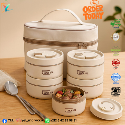 صندوق غداء معزول بأربع طبقات + حقيبة - وجبات ساخنة ومنظمة 🍱